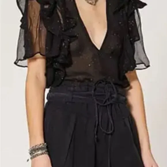 IRO Paris Lonila Ruffled Glitter-Embellished Georgette Blouse Medium Sz 36 Black
